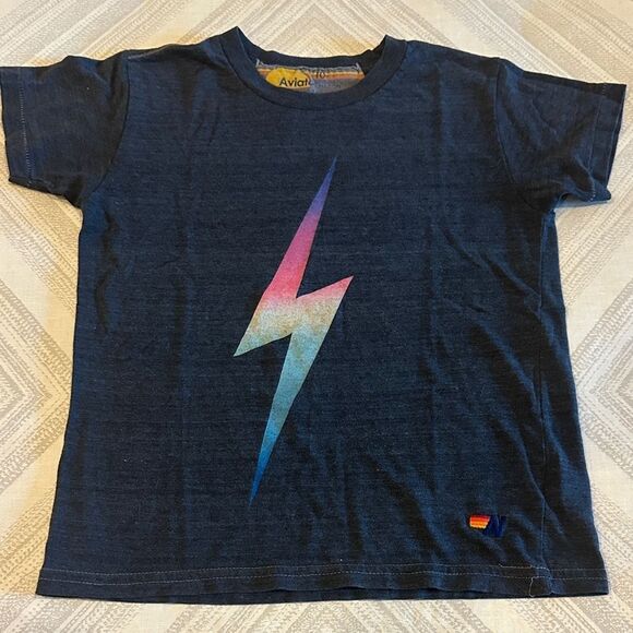 Aviator Nation Kids Navy Tee – Multicolor Rainbow Lightning Bolt, Size 10 - Picture 1 of 7
